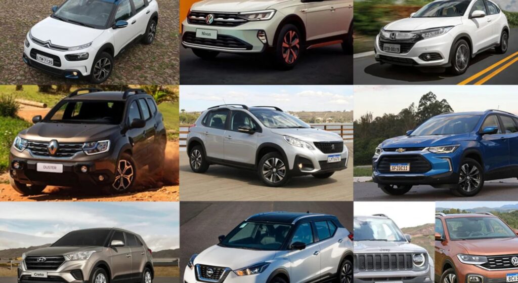 Vários SUVs de cores diferentes.