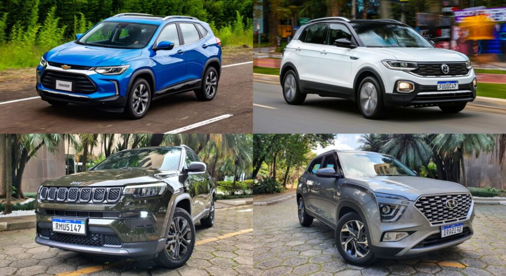 Vários SUVs de cores diferentes.