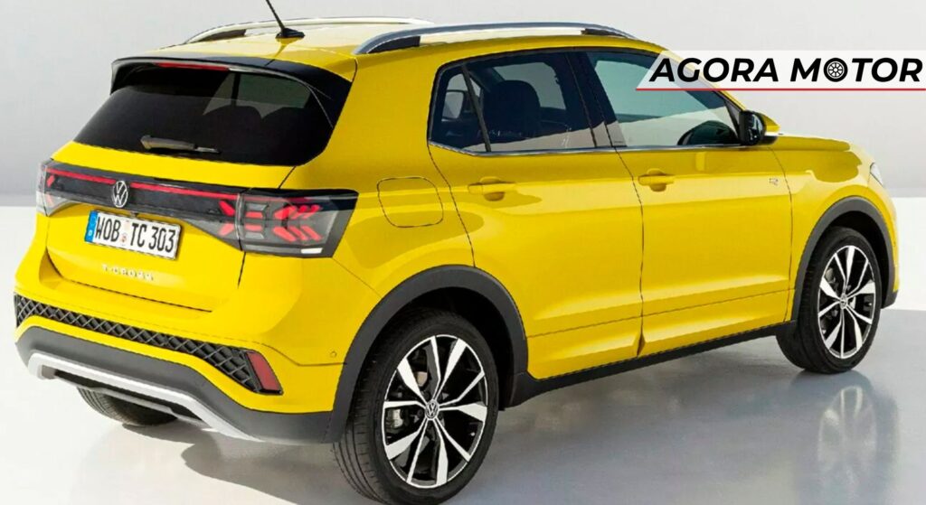 Volkswagen T-cross amarelo parado de costa.