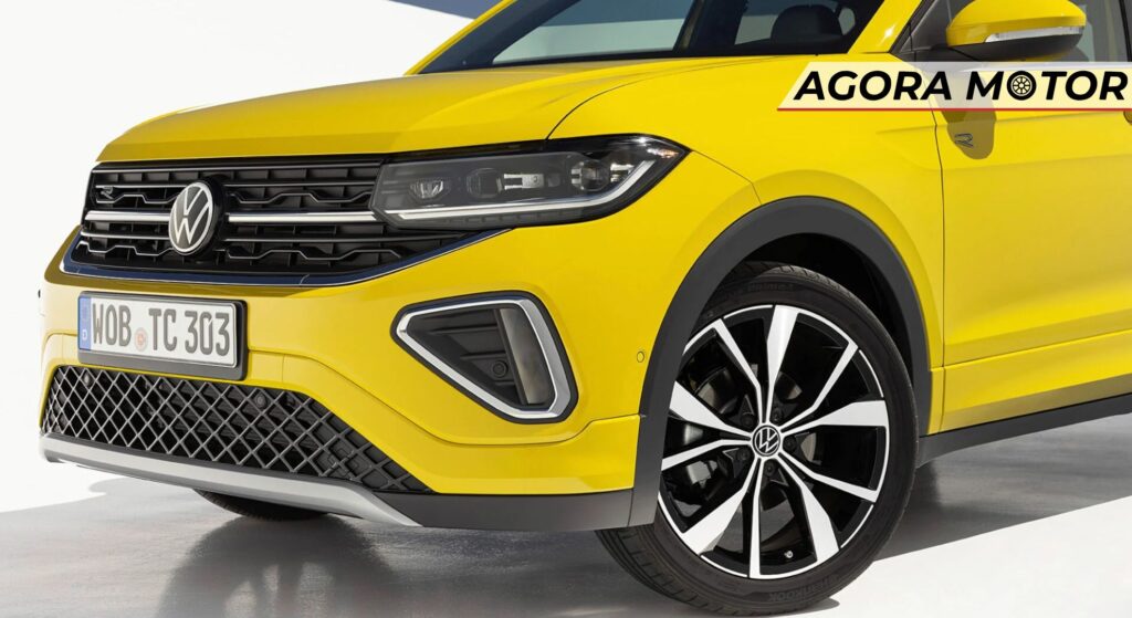 Volkswagen T-cross amarelo parado de lado.