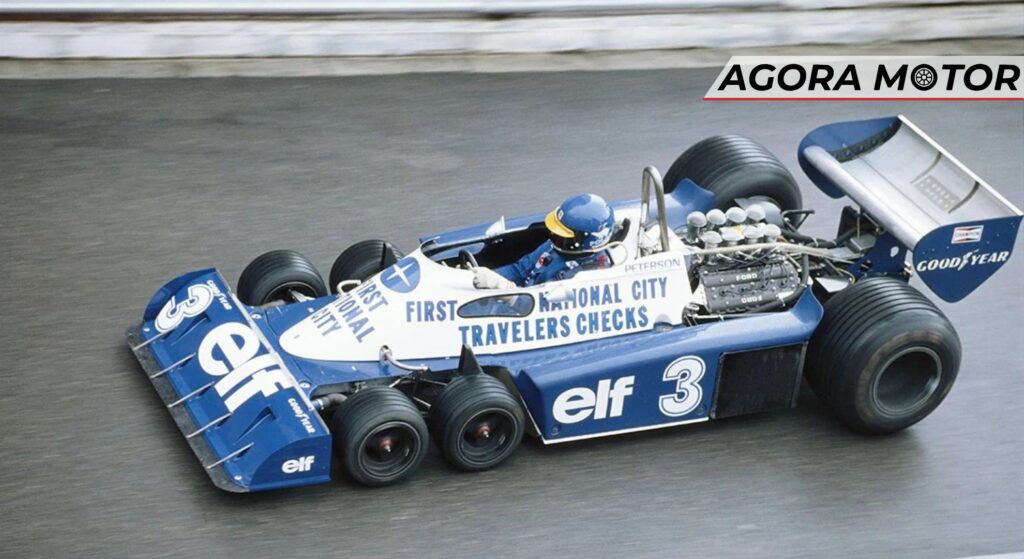 Tyrrell P34 azul em velocidade.