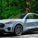 Ford Mustang Mach-E cinza parado em baixo de umas arvores.