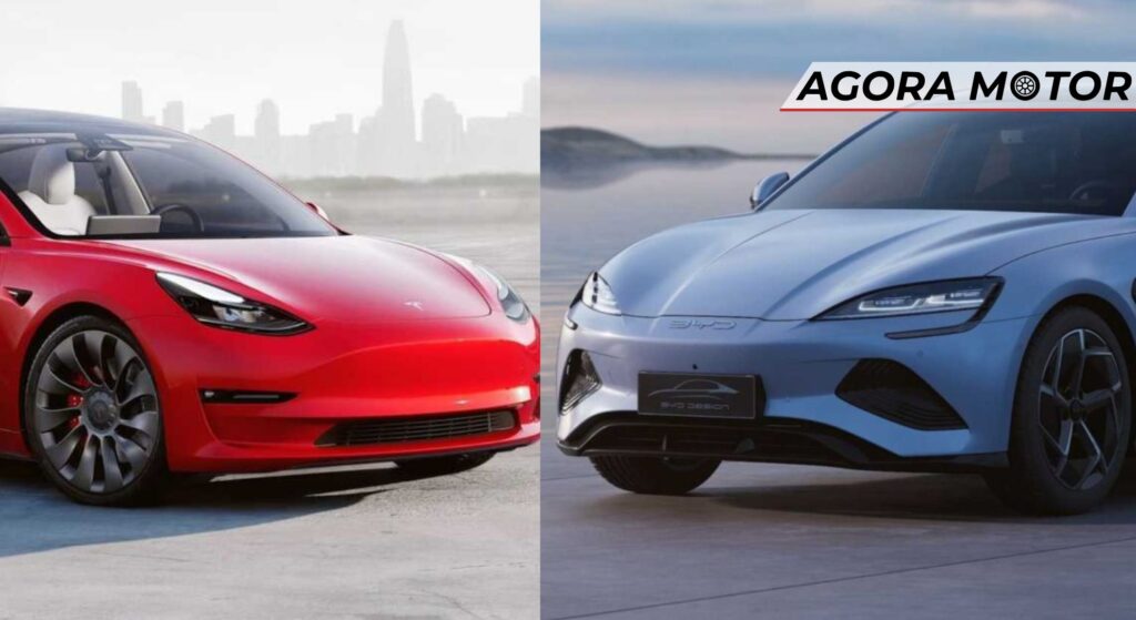 BYD e Tesla parados na diagonal.