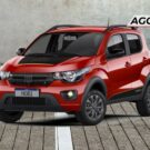 Fiat Mobi vermelho parado na diagonal.