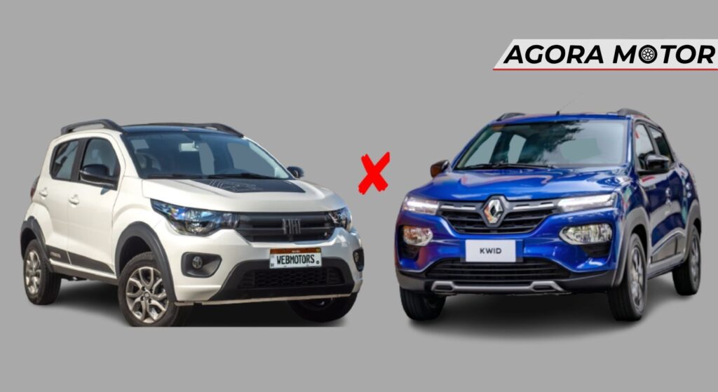 Fiat Mobi e o Renault Kwid parados na diagonal.