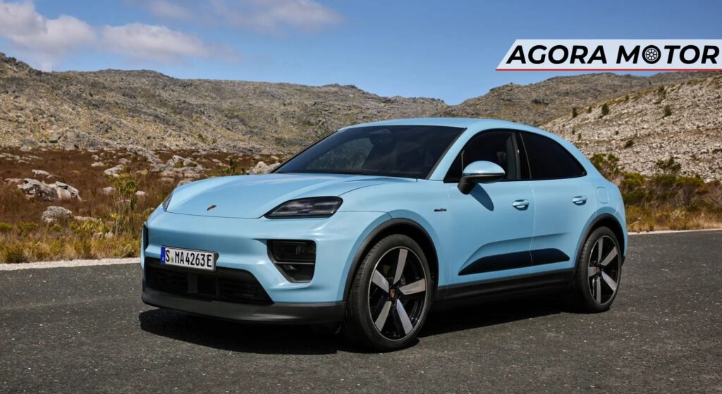Porsche Golf EV azul em velocidade.