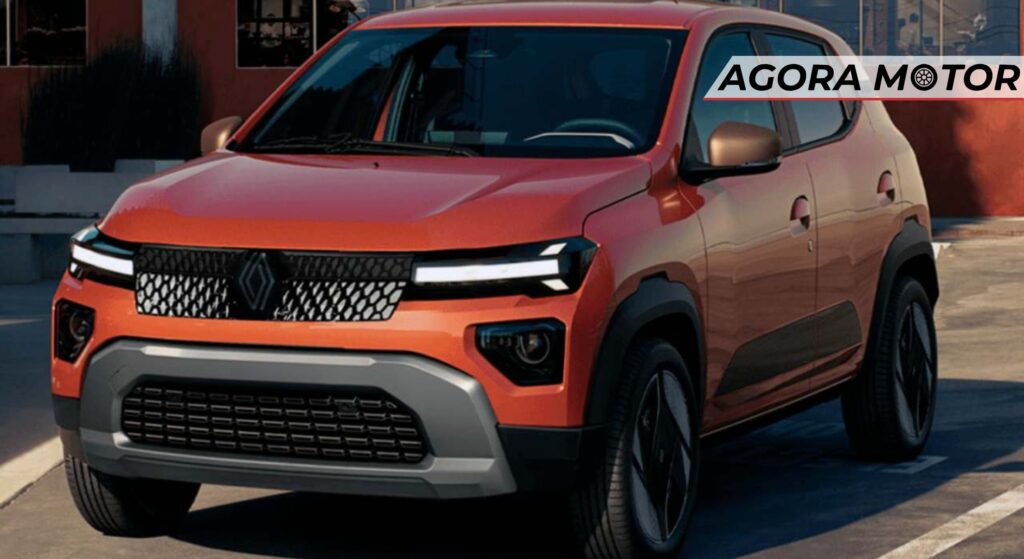 Renault Kwid laranja futurista parado na diagonal.