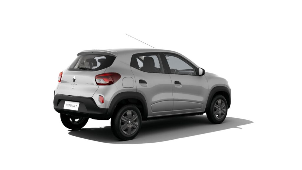 Lateral do Renault Kwid cinza no fundo branco.