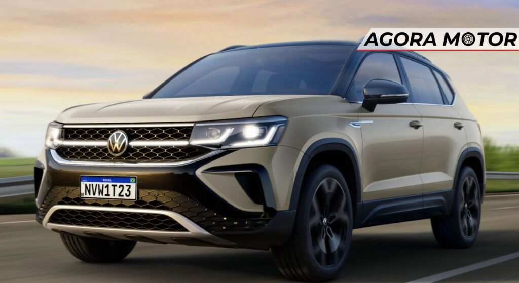 Volkswagen Taos cinza parado na diagonal.