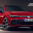 Volkswagen Golf vermelho parado na diagonal.