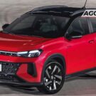 Volkswagen Tera vermelha parado na diagonal.