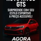 Novo Volkswagen Nivus GTS vermelho parado na diagonal.