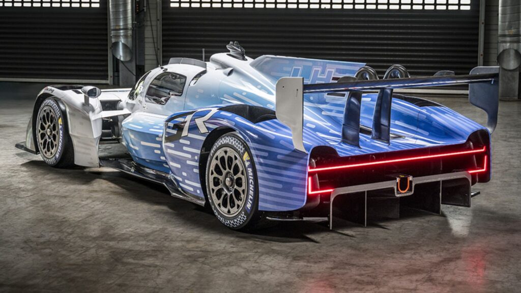 Traseira do GR LH2 Racing Concept da Toyota branco com azul.
