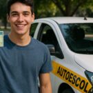 Jovem que fez a CNH em 2025 do lado do carro da autoescola.