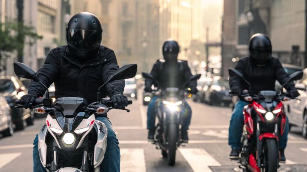 Três Bajaj Pulsar N150 na estrada com os faróis acesos.