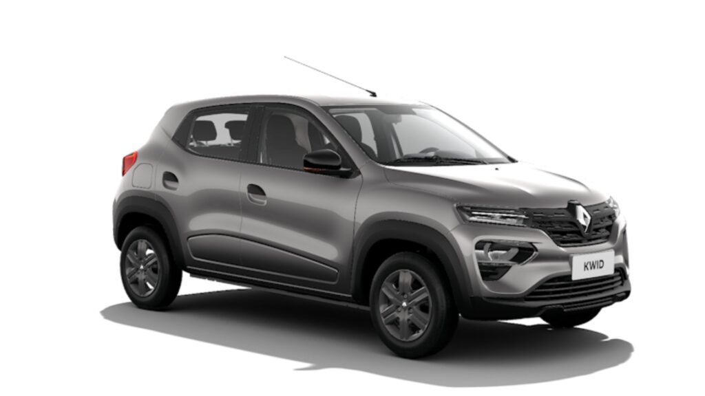Renault Kwid Zen cinza parado na diagonal.