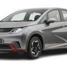 BYD Dolphin cinza parado na diagonal.