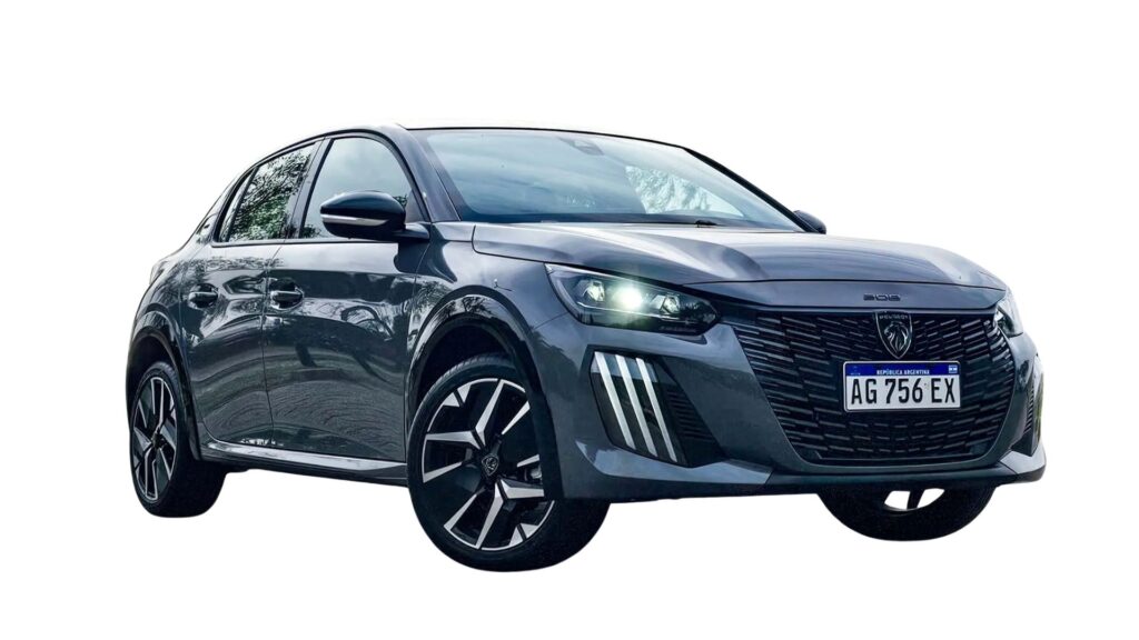 Peugeot 208 cinza na diagonal.