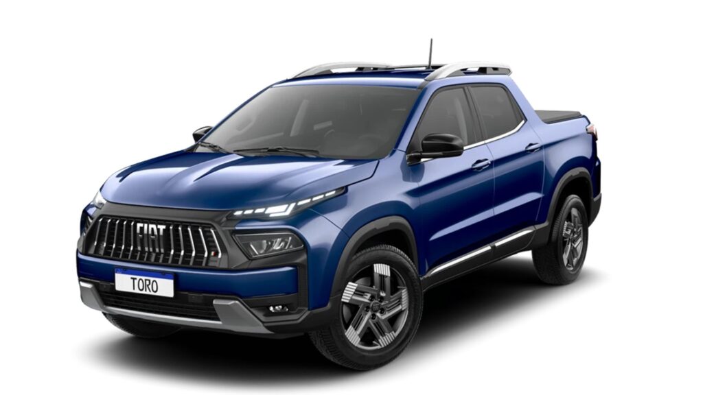 Fiat Toro Volcano flex 2026 azul parada na diagonal.