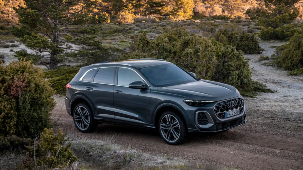 Audi Q5 2025 cinza parado de lado em uma estrada de barro.