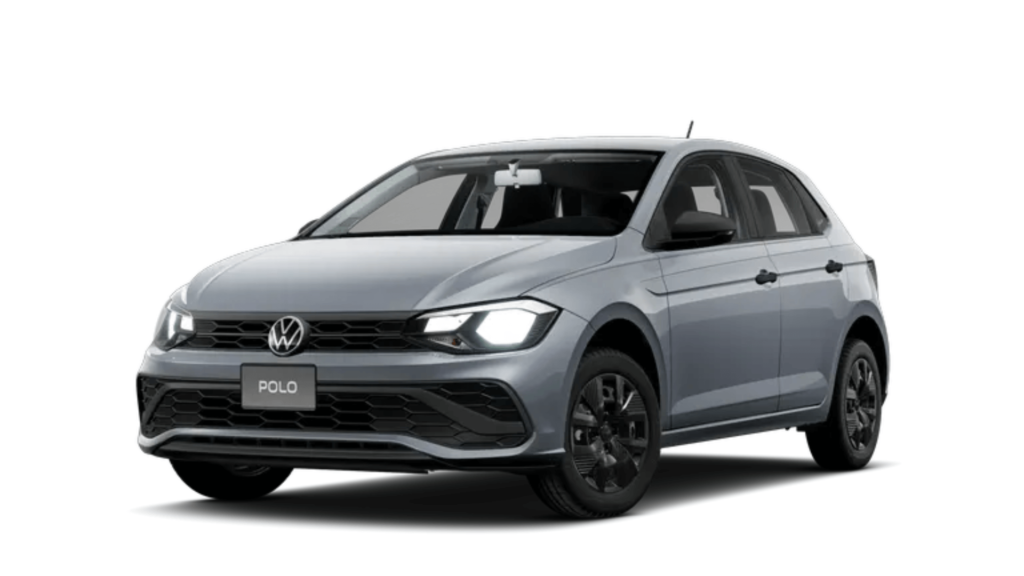 Volkswagen Polo cinza parado na diagonal no fundo branco.