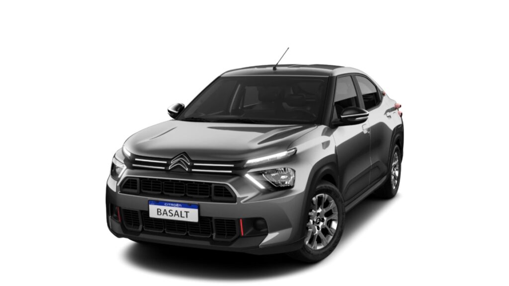 Citroën Basalt Feel 1.0 MT 2026 cinza parado na diagonal em um fundo branco.