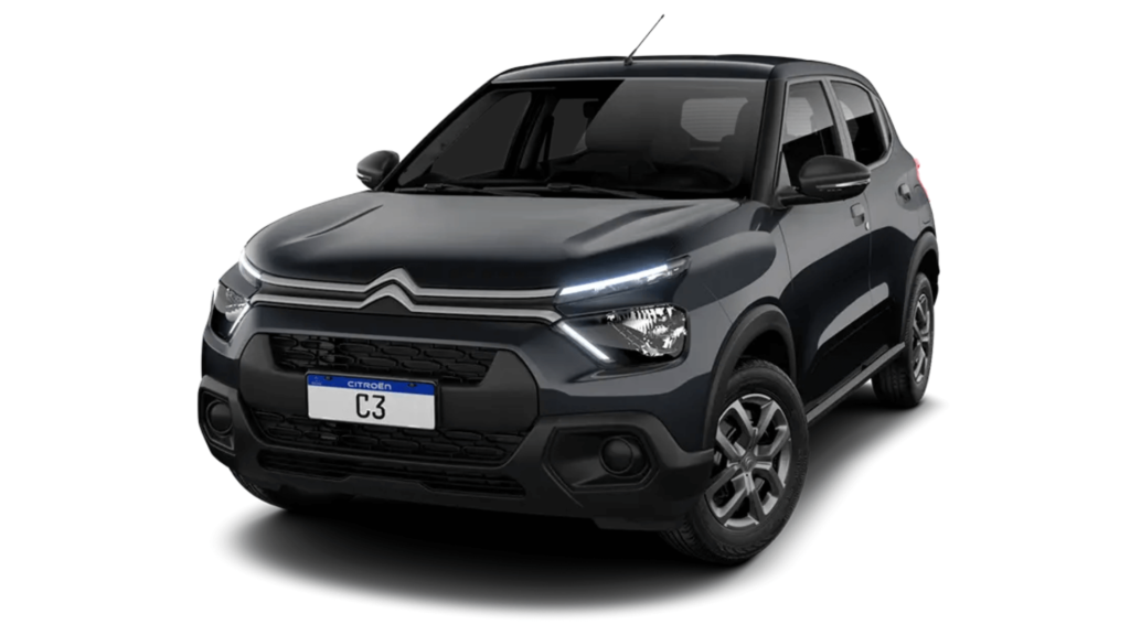 Citroën C3 preto parado  na diagonal no fundo branco.