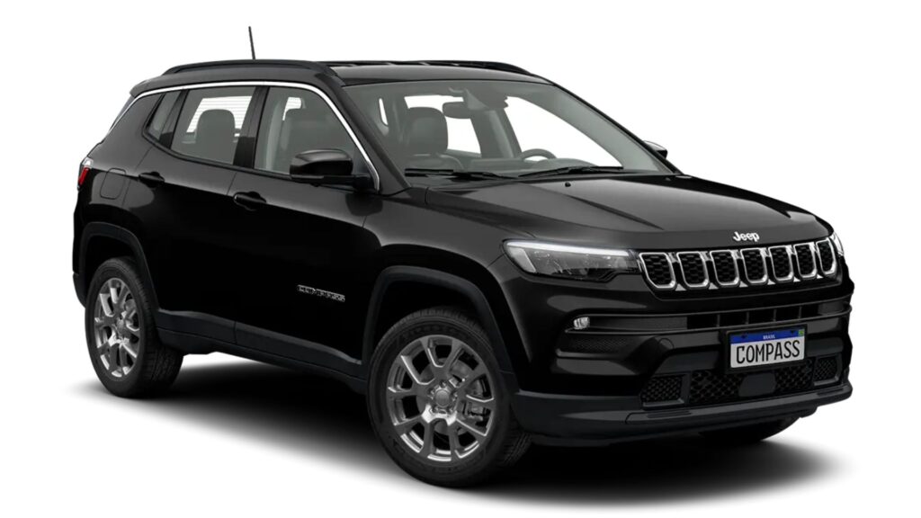 Jeep Compass Sport 2026 preto parado na diagonal em um fundo branco.
