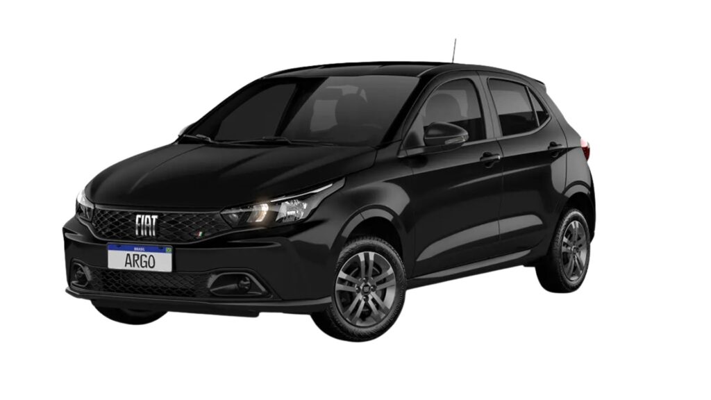 Fiat Argo 1.0 2026 preto parado na diagonal em um fundo branco.