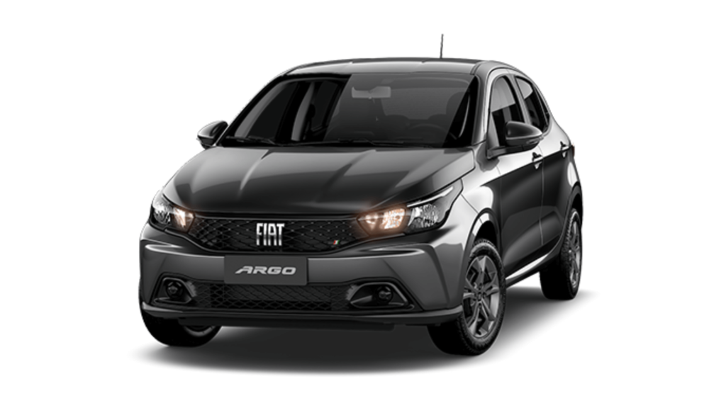 Fiat Argo cinza parado na diagonal em um fundo branco.