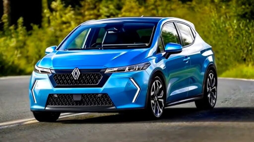 Renault Clio 2026 azul na diagonal.