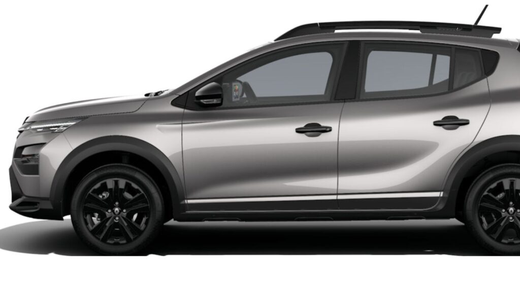 Lateral do Renault Kardian Techno 2025 cinza parado em um fundo branco.