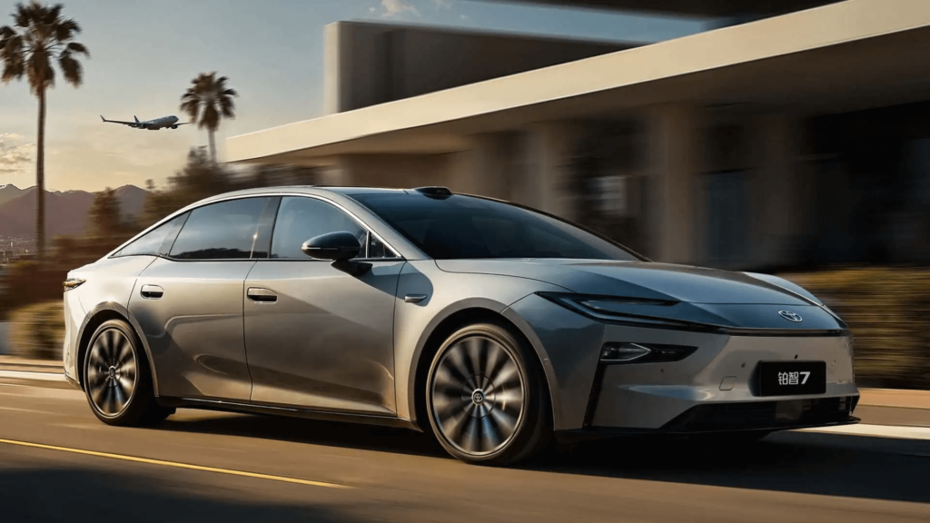 Toyota bZ7 cinza em movimento.