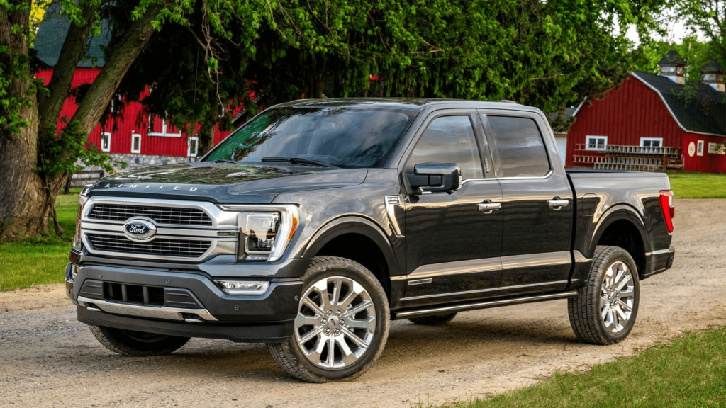 Ford F-150 cinza parado na diagonal.