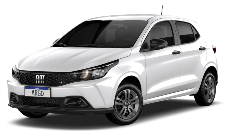 Fiat Argo branco parado de lado no funda branco.