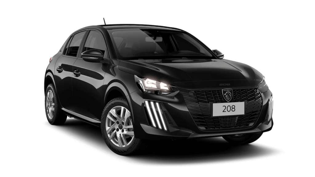 Peugeot 208 preto parado na diagonal em um fundo branco.