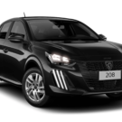 Peugeot 208 preto parado na diagonal em um fundo branco.