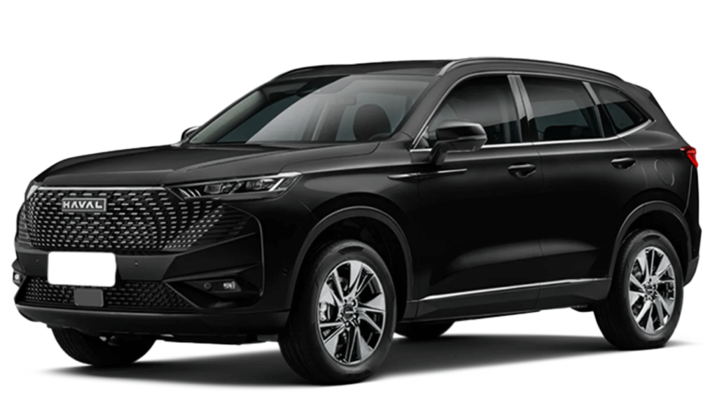 GWM Haval H6 preto parado na diagonal em um fundo branco.