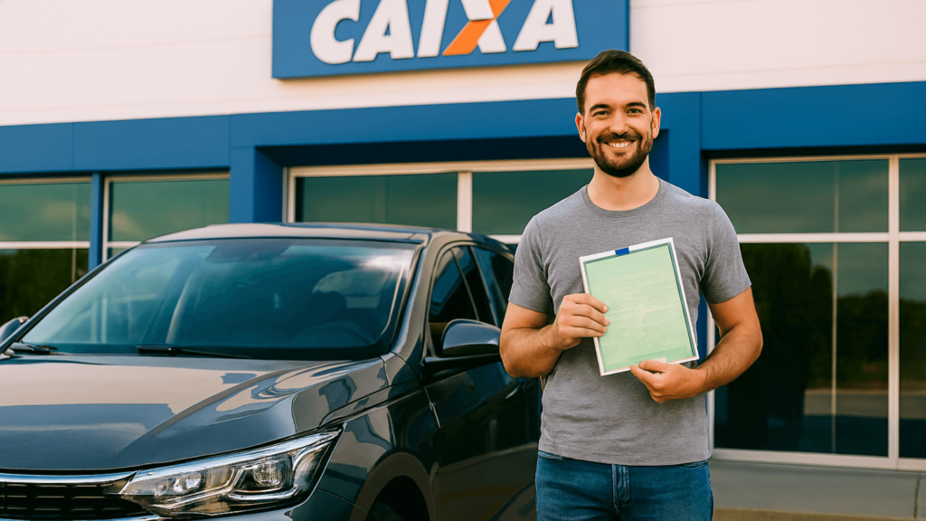Uma pessoa feliz do lado de seu carro que acabou de ser financiado pela Caixa.