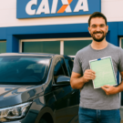 Uma pessoa feliz do lado de seu carro que acabou de ser financiado pela Caixa.