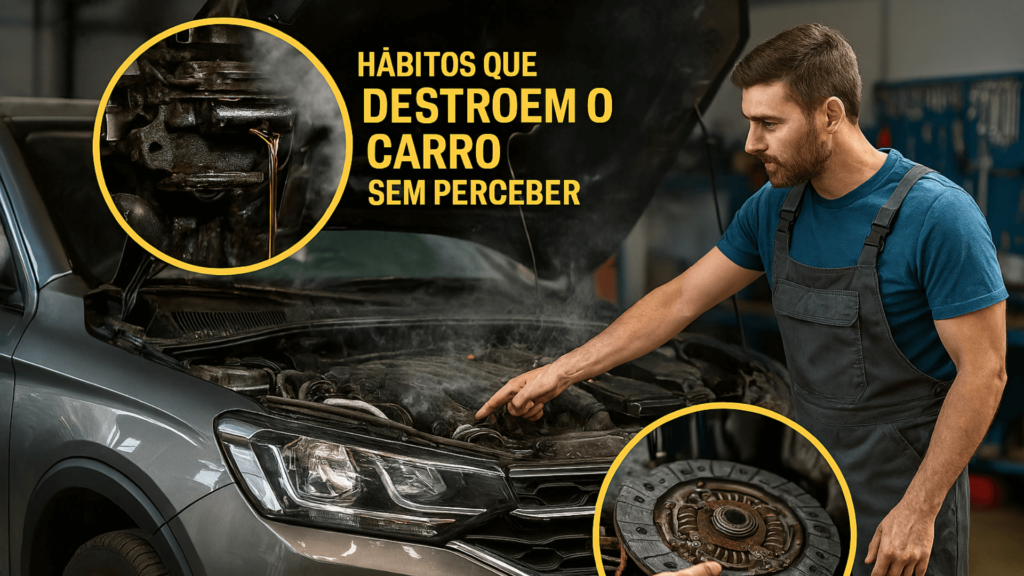 Homem mechendo em um carro cinza que está com o motor fervendo.