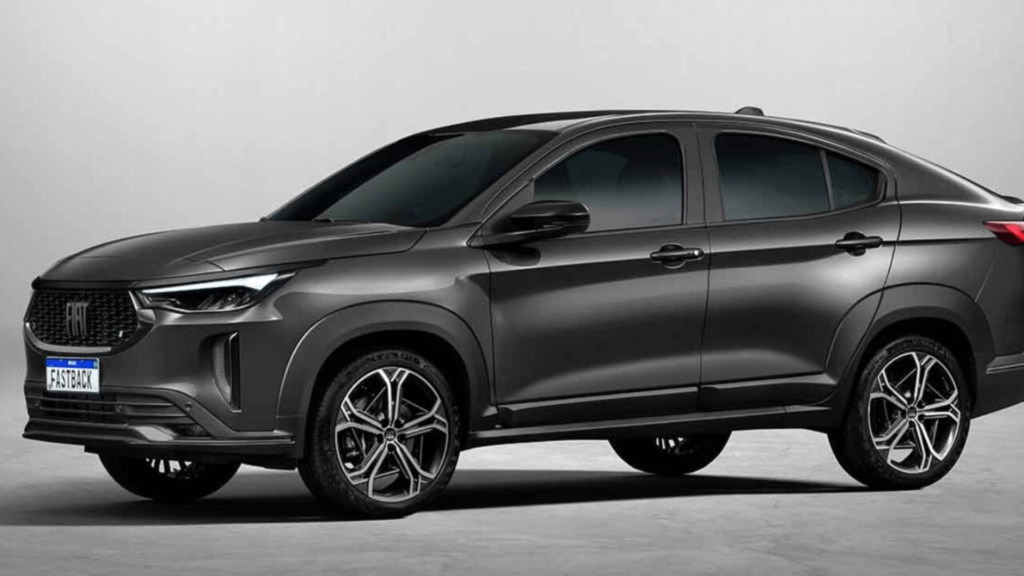 Fiat Fastback 2026 preto parado na diagonal em um fundo cinza.