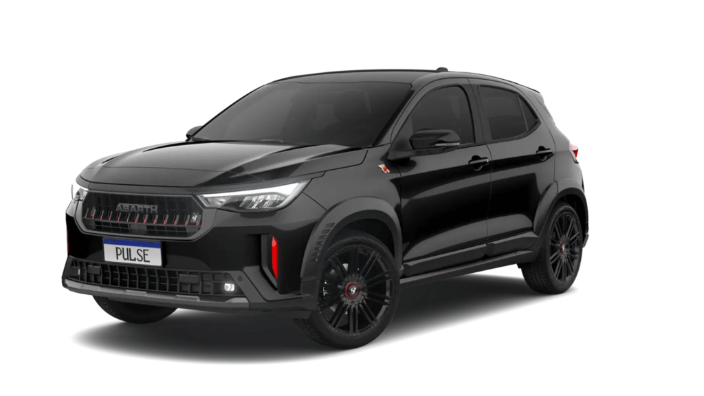 Fiat Pulse Abarth 2026 preto parado na diagonal em um fundo branco.