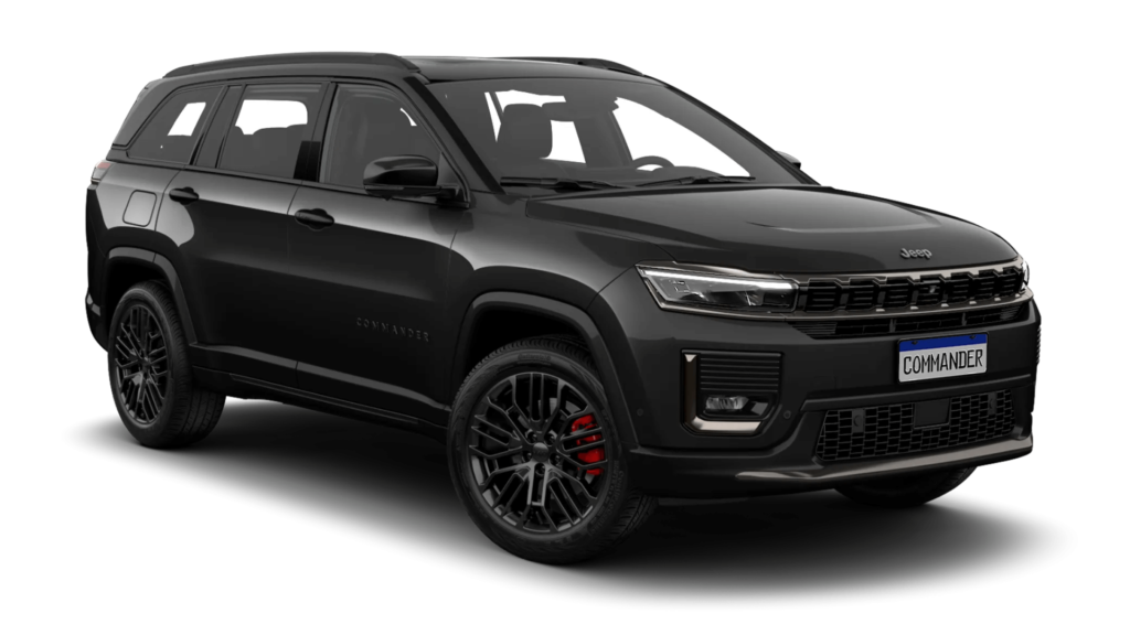 Jeep Commander 2026 preto parado na diagonal em um fundo branco.