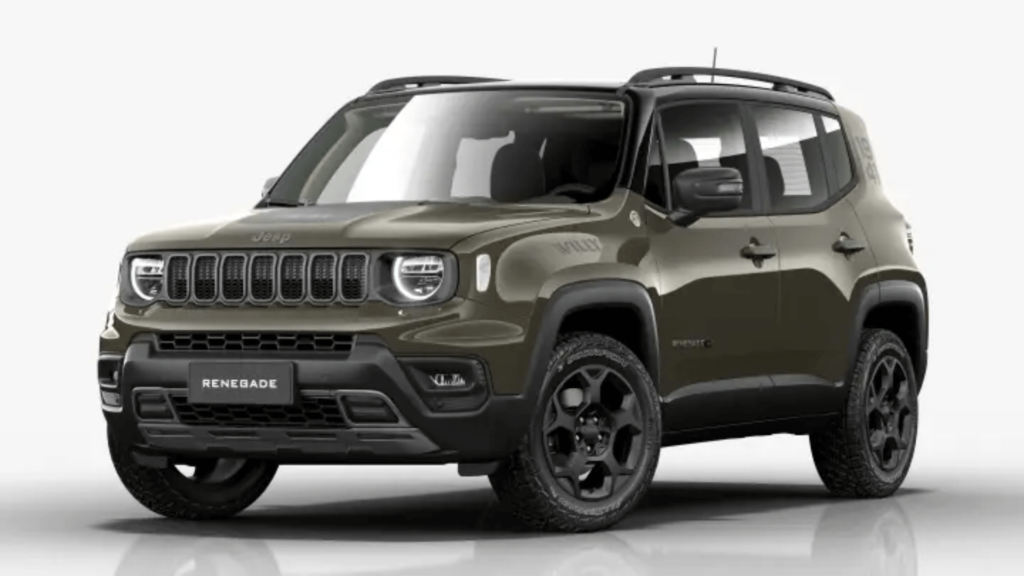 Jeep Renegade 2026 verde musgo parado na diagonal em um fundo brancos.