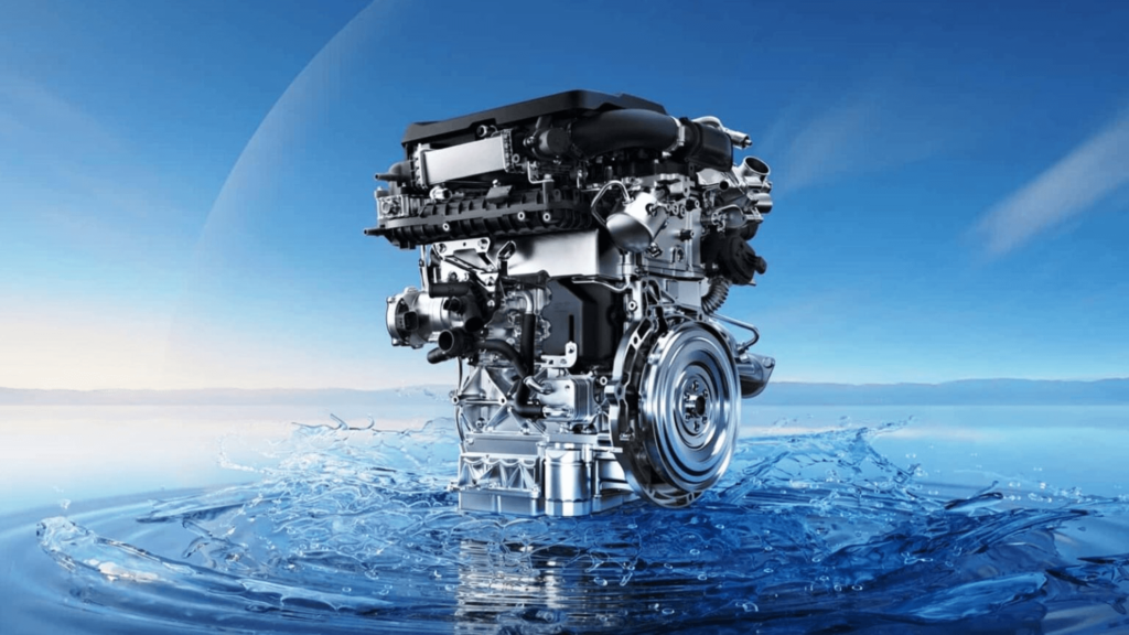 Motor de um carro no fundo azul.