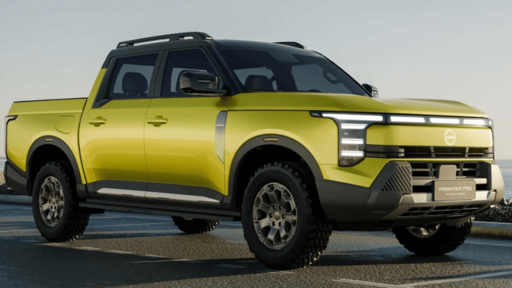 Nova Nissan Frontier híbrida amarela parada na diagonal.