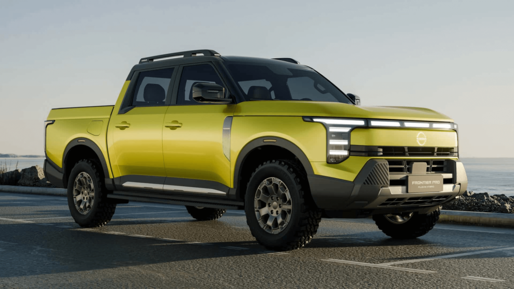 Nissan Frontier Pro PHEV amarela parada na diagonal.