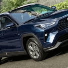 Toyota Yaris Cross azul estacionado na beirada da estrada.