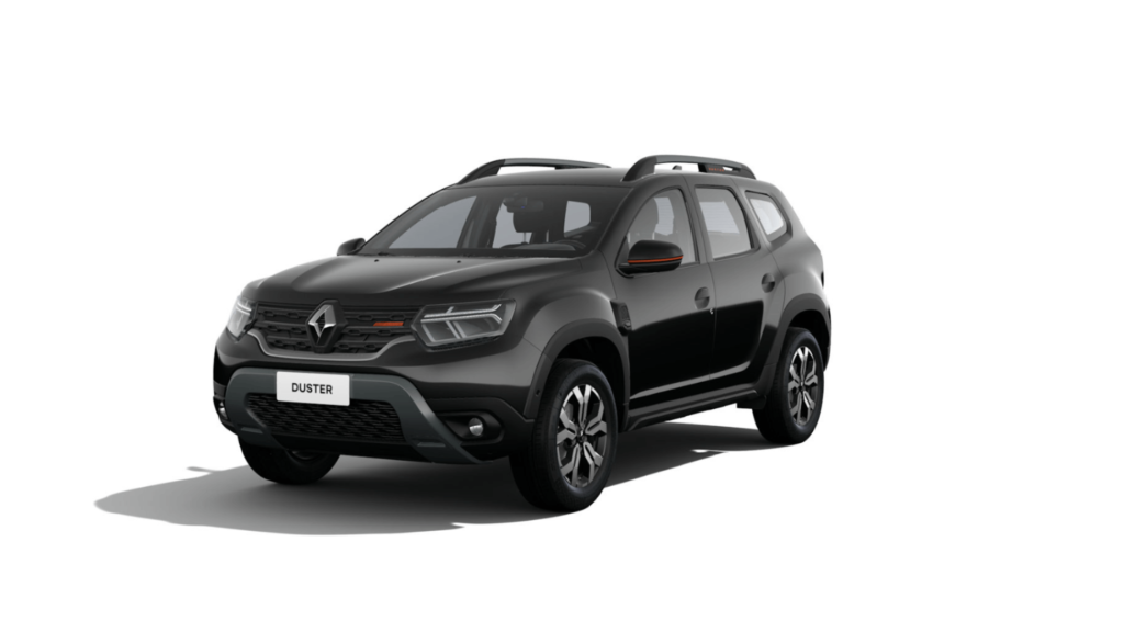 Renault Duster preta parada na diagonal em um fundo branco.